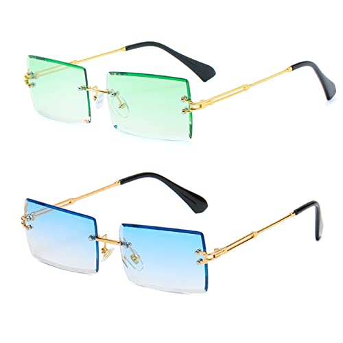 YUELUQU Retro Rahmenlose Sonnenbrille für Damen Herren Mode Retro Rechteck Brille Quadratische durchsichtige Sonnenbrille (B-blau+grün) von YUELUQU