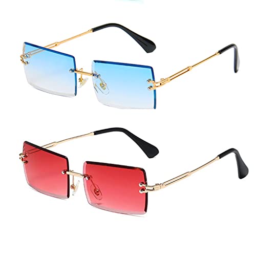 YUELUQU Retro Rahmenlose Sonnenbrille für Damen Herren Mode Retro Rechteck Brille Quadratische durchsichtige Sonnenbrille (B-blau+rot) von YUELUQU