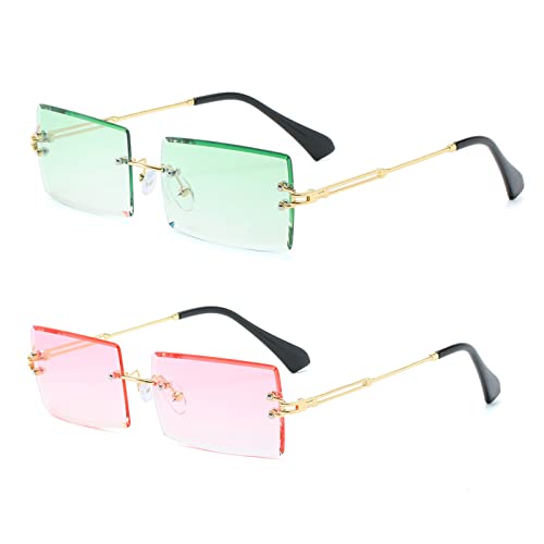 YUELUQU Retro Rahmenlose Sonnenbrille für Damen Herren Mode Retro Rechteck Brille Quadratische durchsichtige Sonnenbrille (B-grün+rosa) von YUELUQU