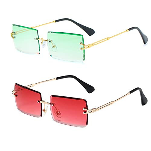 YUELUQU Retro Rahmenlose Sonnenbrille für Damen Herren Mode Retro Rechteck Brille Quadratische durchsichtige Sonnenbrille (B-grün+rot) von YUELUQU