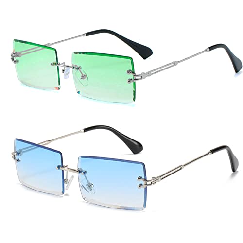 YUELUQU Retro Rahmenlose Sonnenbrille für Damen Herren Mode Retro Rechteck Brille Quadratische durchsichtige Sonnenbrille (B-sblau+sgrün) von YUELUQU