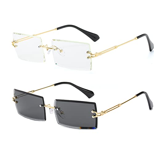 YUELUQU Retro Rahmenlose Sonnenbrille für Damen Herren Mode Retro Rechteck Brille Quadratische durchsichtige Sonnenbrille (B-transparent+schwarz) von YUELUQU