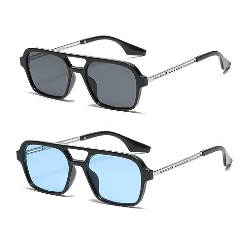 YUELUQU Retro Rechteckige Pilotensonnenbrille herren damen 70er vintage sonnenbrille fahrrad sonnenbrille mit UV400 Schutz (Sgrau+Sblau) von YUELUQU