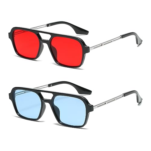 YUELUQU Retro Rechteckige Pilotensonnenbrille herren damen 70er vintage sonnenbrille fahrrad sonnenbrille mit UV400 Schutz (Srot+Sblau) von YUELUQU