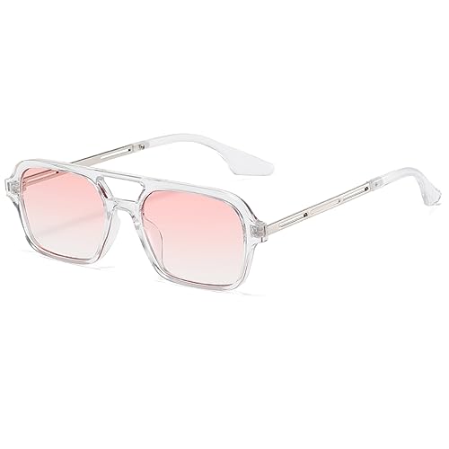 YUELUQU Retro Rechteckige Pilotensonnenbrille herren damen 70er vintage sonnenbrille fahrrad sonnenbrille mit UV400 Schutz (Transparent/rosa) von YUELUQU