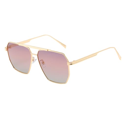 YUELUQU Retro übergroße quadratische Sonnenbrille für Damen Herren Vintage Shades UV400 Klassischer großer Metallrahmen (Gold/farbverlauf lila) von YUELUQU