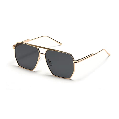 YUELUQU Retro übergroße quadratische Sonnenbrille für Damen Herren Vintage Shades UV400 Klassischer großer Metallrahmen (Gold/grau) von YUELUQU