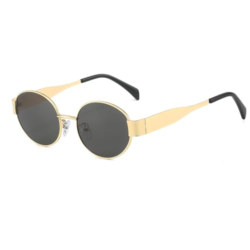 YUELUQU Runde Vintage Sonnenbrille Klassische Retro Metallrahmen Sonnenbrille Oval Punk für Frauen Männer Brille (Gold/Grau) von YUELUQU