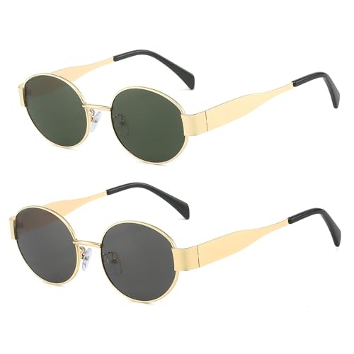 YUELUQU Runde Vintage Sonnenbrille Klassische Retro Metallrahmen Sonnenbrille Oval Punk für Frauen Männer Brille (Gold/Grau+Gold/Grün) von YUELUQU