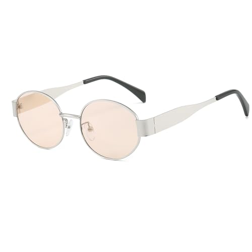YUELUQU Runde Vintage Sonnenbrille Klassische Retro Metallrahmen Sonnenbrille Oval Punk für Frauen Männer Brille (Silber/Rosa) von YUELUQU
