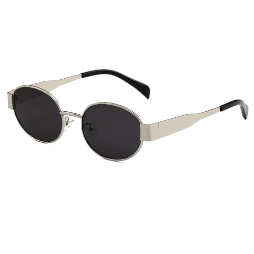 YUELUQU Runde Vintage Sonnenbrille Klassische Retro Metallrahmen Sonnenbrille Oval Punk für Frauen Männer Brille (Silber/Schwarz) von YUELUQU