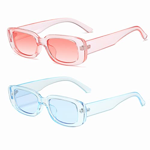 YUELUQU Vintage rechteckige Sonnenbrille modische Retro-Brille mit quadratischem Rahmen Für Damen Herren Mit Uv Schutz (B-Hellblau+Hellrosa) von YUELUQU