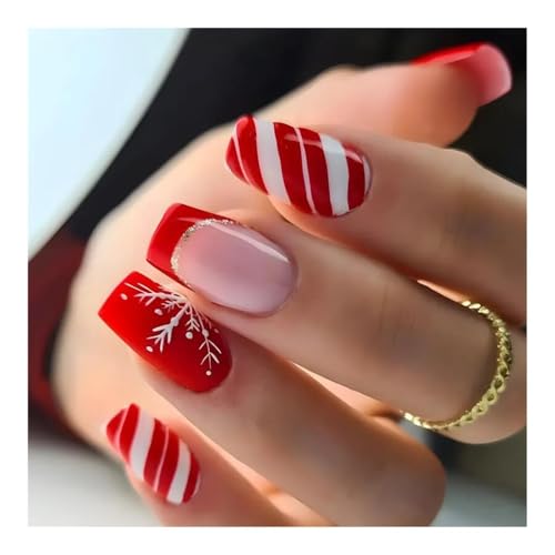 YUEMOL Weihnachts Nägel 24 Pcs Glossy Short T-shaped Christmas Press On Nails， Red French Glitter False Nails Artificial Finger Nails(Red) von YUEMOL