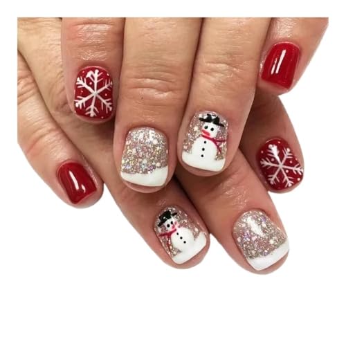 YUEMOL Weihnachts Nägel 24Pcs Christmas Red French Press on Nails， New Year Gift Fake Nail Snowflake Christmas Tree False Nail Wearable Short Square Nail(1) von YUEMOL