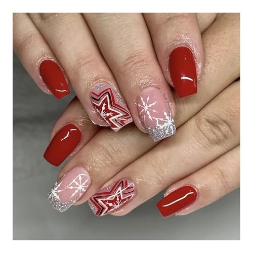 YUEMOL Weihnachts Nägel 24Pcs Christmas Red French Press on Nails， New Year Gift Fake Nail Snowflake Christmas Tree False Nail Wearable Short Square Nail(2) von YUEMOL