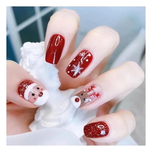 YUEMOL Weihnachts Nägel 24Pcs Christmas Red French Press on Nails， New Year Gift Fake Nail Snowflake Christmas Tree False Nail Wearable Short Square Nail(4) von YUEMOL