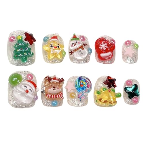 YUEMOL Weihnachts Nägel Handmade Press on Nails Christmas Tree Snowman Design Fake Nails， Wearable 3D Cartoon Short False Nails Christmas Gift for Girls(S) von YUEMOL
