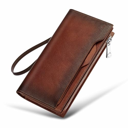 YUERYXH Herren-Geldbörse Aus Leder im Langen Stil, Leichte RFID-Geldbörse Mit Reißverschluss, Großes Portemonnaie Mit 24 Kartenfächern, 2 Großen Mezzaninen(Bronze) von YUERYXH