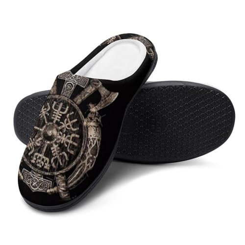 YUERYXH Wikinger Winter Bequem und Weich Flache Hausschuhe, Warm Halten Behaart Baumwoll Slippers, Rutschfeste Gummisohle Pantoffeln/waschbar(Compass,13-14(46-47)) von YUERYXH