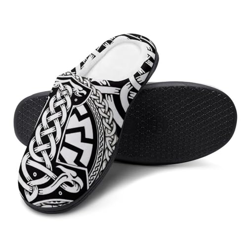 YUERYXH Winter Warm Slippers, Nordisch Interessant Wikinger Künstlerisches Muster Flache Hausschuhe, Halten Behaart Baumwoll Slippers, Gummisohle Pantoffeln(Thor's hammer,9-10(42-43)) von YUERYXH