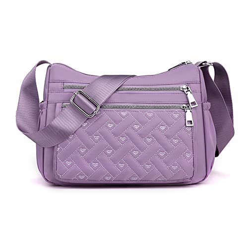 YUESITE Umhängetasche Damen, Kleine Gesteppt Schultertasche mit mehreren Taschen Leichte Wasserdichte Messenger Bags Nylon Geldbörse Handtasche Hellviolett von YUESITE
