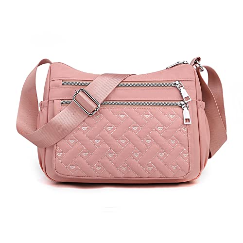 YUESITE Umhängetasche Damen, Kleine Gesteppt Schultertasche mit mehreren Taschen Leichte Wasserdichte Messenger Bags Nylon Geldbörse Handtasche Rosa von YUESITE
