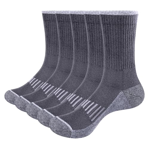 YUEVO SPORTS 5 Paar Herrensocken Grau Sportsocken Feuchtigkeitstransport Baumwolle Gepolsterte Crew Training Worktout Socken für Männer Größe 42-45 Multipack von YUEVO SPORTS
