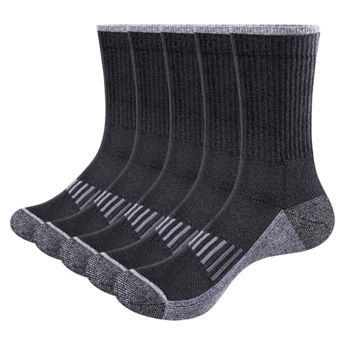YUEVO SPORTS 5 Paar Herrensocken Schwarz Sportsocken Feuchtigkeitstransport Baumwolle Gepolsterte Crew Training Worktout Socken für Männer Größe 38-42 Multipack von YUEVO SPORTS
