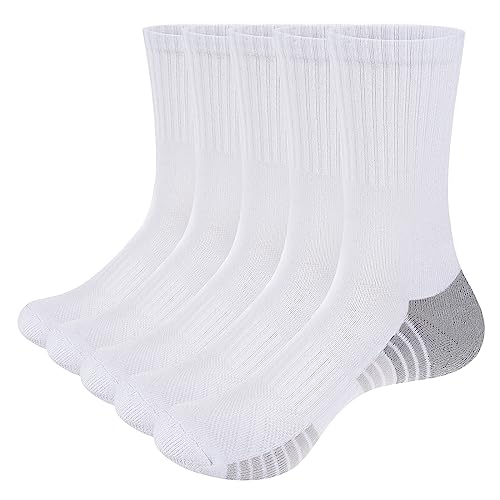 YUEVO SPORTS 5 Paar Herrensocken Weiß Sportsocken Feuchtigkeitstransport Baumwolle Gepolsterte Crew Training Worktout Socken für Männer Größe 38-42 Multipack von YUEVO SPORTS
