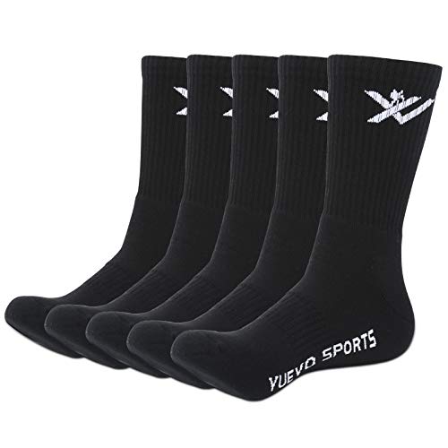 YUEVO SPORTS Sportsocken für Herren Schwarz Baumwolle Crew Socken Atmungsaktiv Gepolsterte Arbeitssocken Feuchtigkeitstransport Wandersocken Größe 40-45 (5 Paar) von YUEVO SPORTS