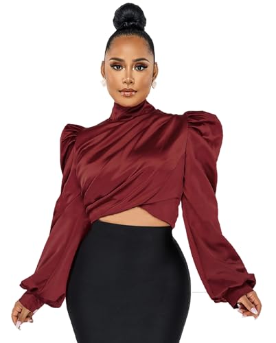 Weiße Bluse für Frauen Puffy Langarm Mock Neck Tops Satin Seide Hemden Arbeitsblusen, Weinrot, Mittel Weiße Bluse für Frauen Puffy Langarm Mock Neck Tops Satin Seide Hemden Arbeitsblusen, Weinrot, Mittel von YUEWOO