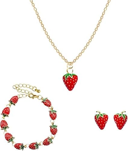 YUEXNKO Erdbeer Kinder Schmuckset, Erdbeerohrringe, Erdbeere Halskette, Erdbeere Armband, Erdbeeren Schmuck, Erdbeere Kinder Ohrringe, Rote Erdbeer Ohrringe, Erdbeer Schmuck Damen von YUEXNKO