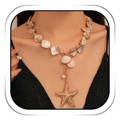 YUEXNKO Muschelkette Damen, Boho Seestern Halskette, Muschel Halskette, Boho Seestern Muschel Anhänger, Muschelkette, Muschels Kette Bohemian, Seashell Necklace Beaded, Sommer Strand Halskettes von YUEXNKO