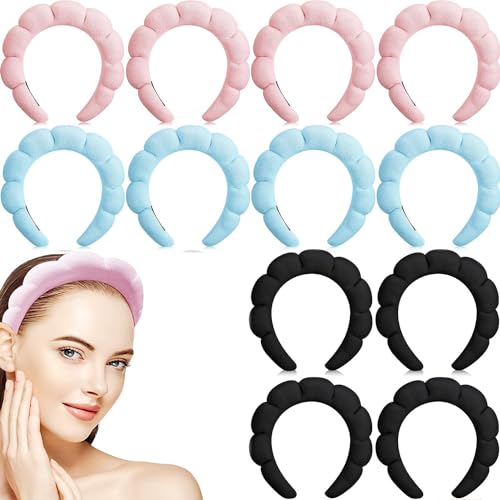 Frauen Spa Stirnband zum Waschen Gesicht Schwamm Make-up Stirnbänder Soft Skincare Stirnbänder Frauen Non-Slip Haar Band Puffy SPA Stirnband für Mädchen Damen (12Stück- 4Rosa+4Blau+4Schwarz) von YUEYINGMG