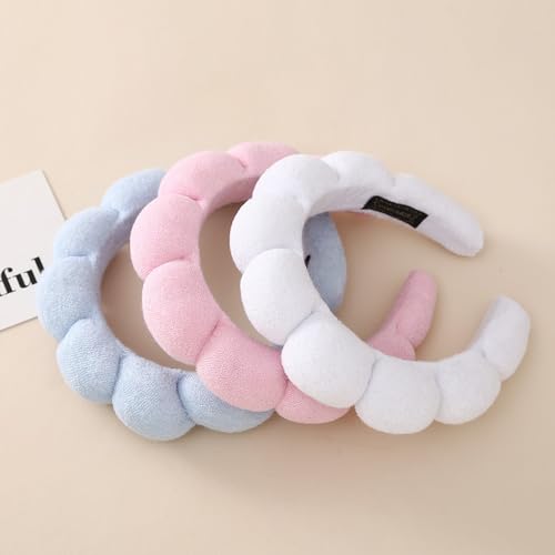 Frauen Spa Stirnband zum Waschen Gesicht Schwamm Make-up Stirnbänder Soft Skincare Stirnbänder Frauen Non-Slip Haar Band Puffy SPA Stirnband für Mädchen Damen (3Stück-Rosa+Weiß+Blau) von YUEYINGMG