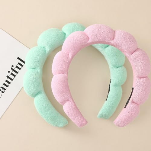 Frauen Spa Stirnband zum Waschen Gesicht Schwamm Make-up Stirnbänder Soft Skincare Stirnbänder Frauen Non-Slip Haar Band Puffy SPA Stirnband für Mädchen Damen (Rosa+Grün 2Stück) von YUEYINGMG