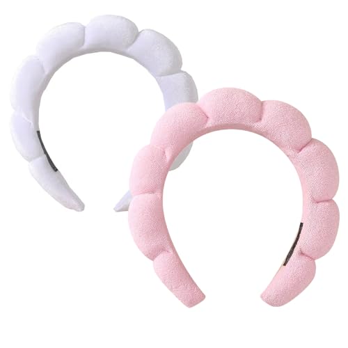 Frauen Spa Stirnband zum Waschen Gesicht Schwamm Make-up Stirnbänder Soft Skincare Stirnbänder Frauen Non-Slip Haar Band Puffy SPA Stirnband für Mädchen Damen (Rosa+Weiß 2Stück) von YUEYINGMG