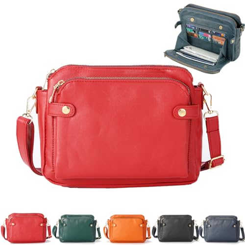 YUEYINGMG Damen Leder Crossbody-Tasche, Zeitgenössisch, Dunkelrot, Wasserbeständig, 3-lagig, 10 Fächer, 27 x 20 x 9 cm, PU-Leder, Reißverschluss, Erwachsene, Frauen, Tasche, Umhängetasche von YUEYINGMG