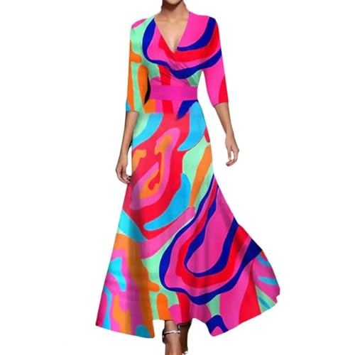 YUEZHAN Hübsche Kleid Kleider Dress Kleid Kreuz V-Ausschnitt Ärmel Kleid Bunt Bedruckt Große Schaukel Schlanke Taille Dating Bankett Langes Kleid M Mehrfarbig von YUEZHAN