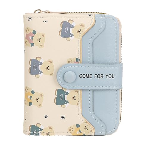 YUEcthynous Bär Kurz Geldbörse Damen,Nette Bär Geldbörsen für Damen Kleine with RFID Blocking and Many Compartments,Mädchen Mehreren Fächern Kreditkartenhalter,Bärendruck Hellblau von YUEcthynous