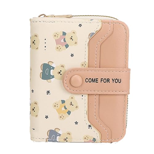 YUEcthynous Bär Kurz Geldbörse Damen,Nette Bär Geldbörsen für Damen Kleine with RFID Blocking and Many Compartments,Mädchen Mehreren Fächern Kreditkartenhalter,Bärendruck Rosa von YUEcthynous