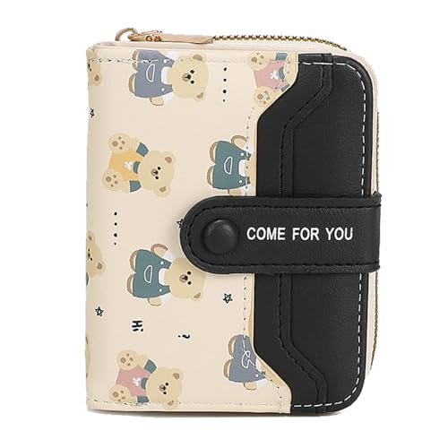 YUEcthynous Bär Kurz Geldbörse Damen,Nette Bär Geldbörsen für Damen Kleine with RFID Blocking and Many Compartments,Mädchen Mehreren Fächern Kreditkartenhalter,Bärendruck Schwarz von YUEcthynous
