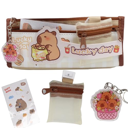 YUEcthynous Capybara Federmäppchen,Capybara Große Kapazität Bleistift Box,Braun Doppelter Reißverschluss Federmappe,Anhänger + Aufkleber Schreibwaren Set Schule Bürobedarf für Kinder von YUEcthynous
