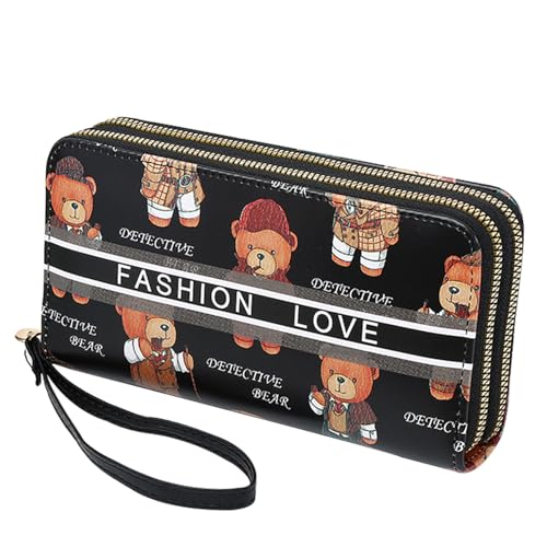 YUEcthynous Damen Bär Reißverschluss Brieftasche,Geldbeutel Groß,Leder Geldbörse für Mädchen - Damen Portemonnaie mit RFID Schutz-Fashionable and Practical mit Mehreren Fächern (Schwarz) von YUEcthynous
