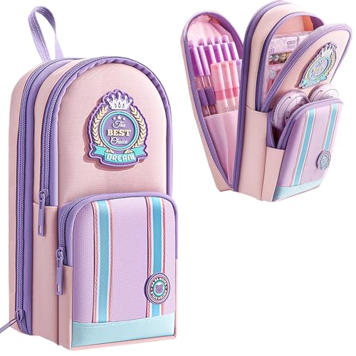 YUEcthynous Große Kapazität Bleistift Box,mit 3 Etagen Reißverschluss Federmäppchen,Multifunktionale Aufbewahrungsbox für Schreibwaren,Bleistiftkasten Boys and Girls Organizer für Schule & Büro(Pink) von YUEcthynous