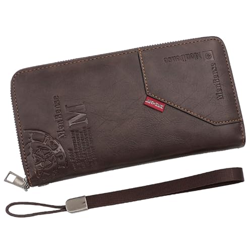 YUEcthynous Lange Geldbörsen Herren Brieftasche PU Leder Reißverschluss Geldbörse Geldbörse vielen Kartenfächern mit Handschlaufe Große Kapazität Single Reißverschluss Männer Geldbörse(Dunkler Kaffee) von YUEcthynous