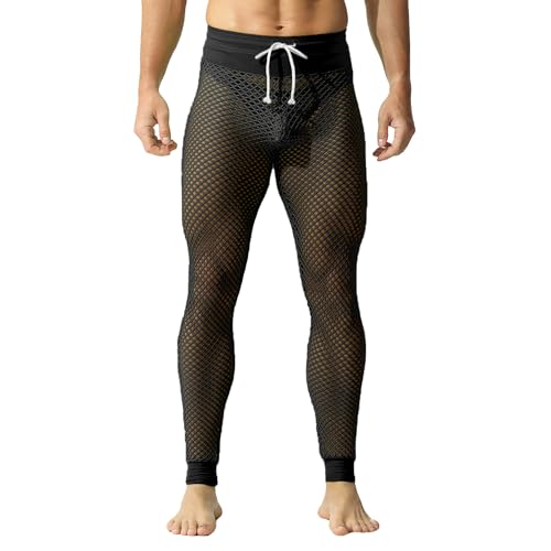 YUFEIDA Herren Lange Unterhosen Fischnetz Mesh atmungsaktiv Hose Taille verstellbar Strumpfhose Leggings Sportleggings für Herren von YUFEIDA