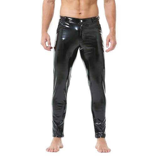 YUFEIDA Herren Leggings Hose Klassisch Wetlook PU Kunstleder Lange Hose Reißverschluss Taschen Casual Motorrad Cosplay Tanz Bühne Party Club Leggings Hose für Herren von YUFEIDA
