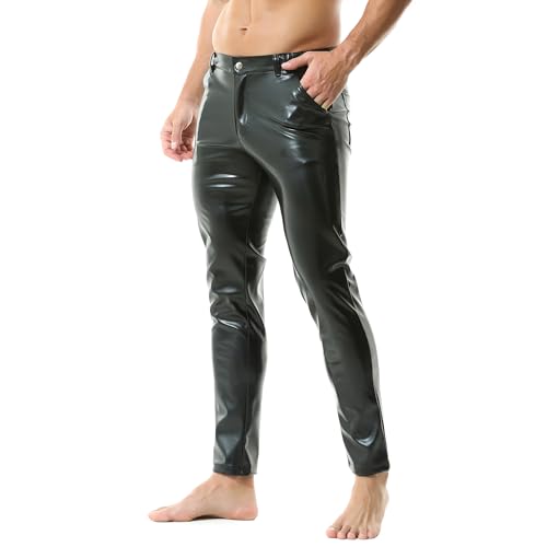 YUFEIDA Herren Leggings Hose Klassisch Wetlook PU Kunstleder Lange Hose Reißverschluss Taschen Casual Motorrad Cosplay Tanz Bühne Party Club Leggings Hose für Herren von YUFEIDA