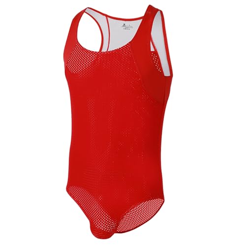 YUFEIDA Herren Sexy Wrestling Singlet Slim Fit Boxer Overall Einteiler Sportshirt Atmungsaktiv Unterwäsche Leotard Bodysuit, rot, L von YUFEIDA